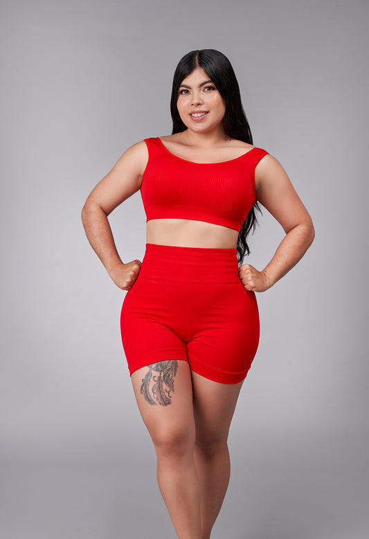 CONJUNTO 2 PIEZAS SEAMLESS (TOP ROJO + SHORT PUSH UP)  - AURORA ROJO